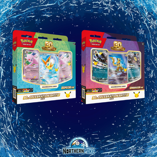 Pokémon 30th Celebration Battle Deck Assortment — Espeon ex and Umbreon ex product artwork; sealed case of 6 decks
